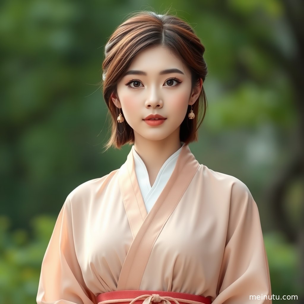 Low-angle hanfu photoshoot shows an adult Asian woman wearing a red traditional Chinese dress beside a wooden courtyard gate.