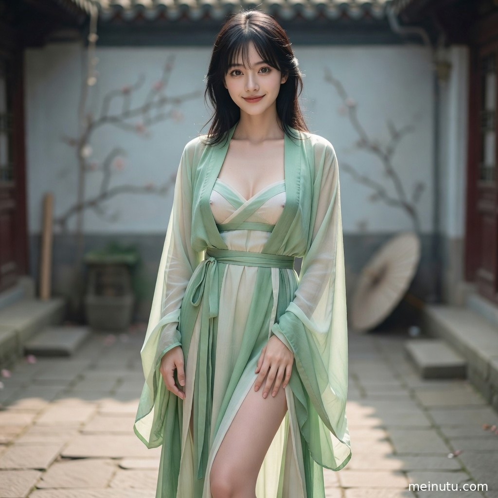 庭院光影映衬明制汉服层叠衣摆，成年女子并肩呈现国风写真里的庄重婚仪氛围。