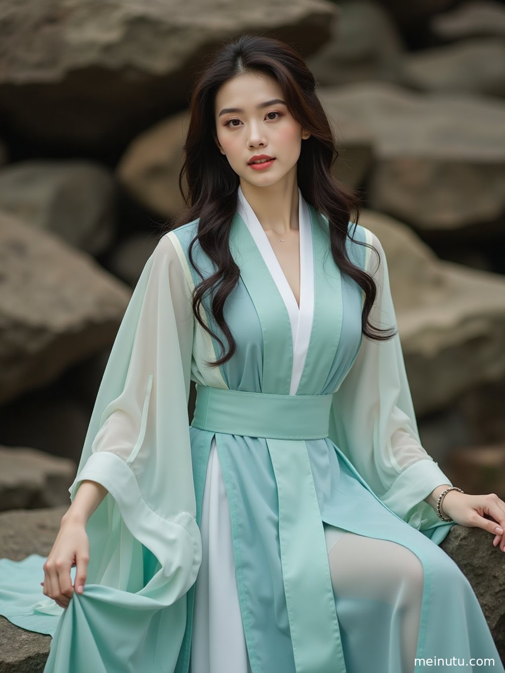 A low-angle portrait captures an adult woman in flowing Ming-style hanfu, with the skirt moving lightly in the courtyard glow.