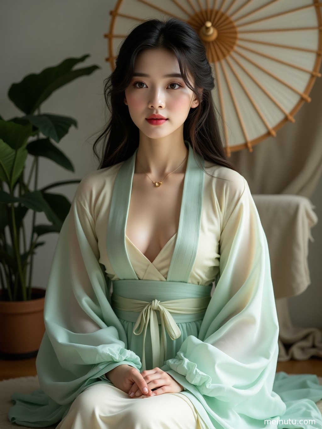 The back view of an adult asian model in traditional chinese dress is framed by soft backlight in a quiet garden courtyard.