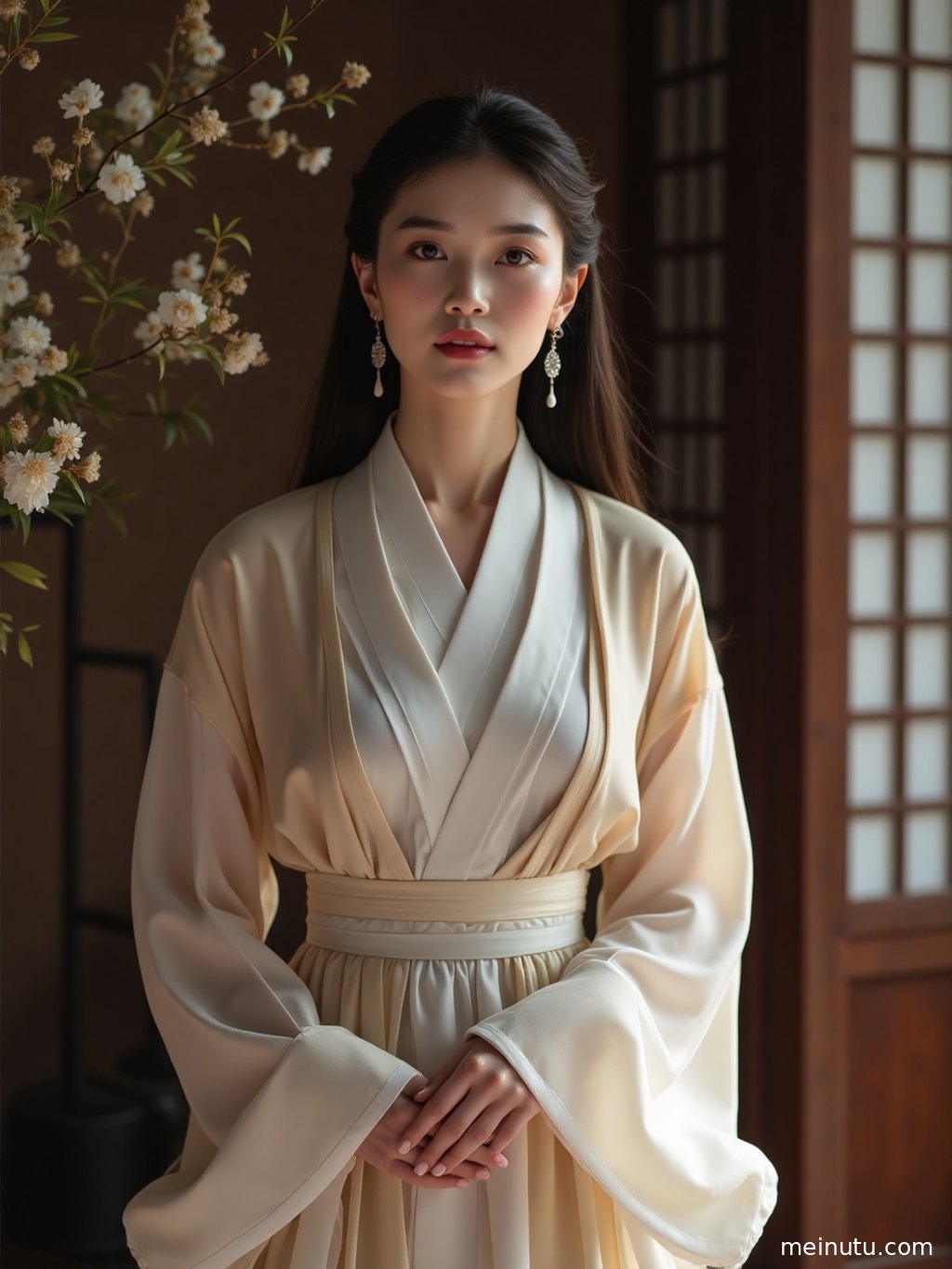A close-up portrait shows the adult woman’s refined makeup, elegant hair styling, and Ming Dynasty hanfu details in warm backlight.