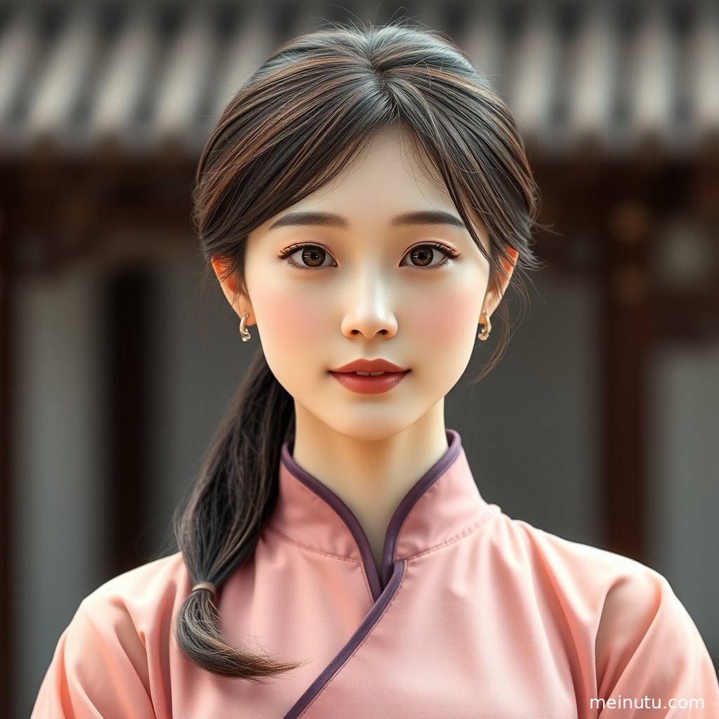 年轻成年女性身着明制汉服立于中式庭院，柔和逆光勾勒衣褶与发饰。