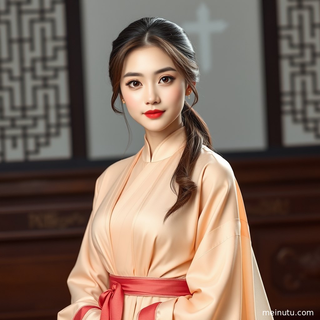 低角度拍摄明制汉服女写真，庭院石阶与暖色逆光营造古风氛围。