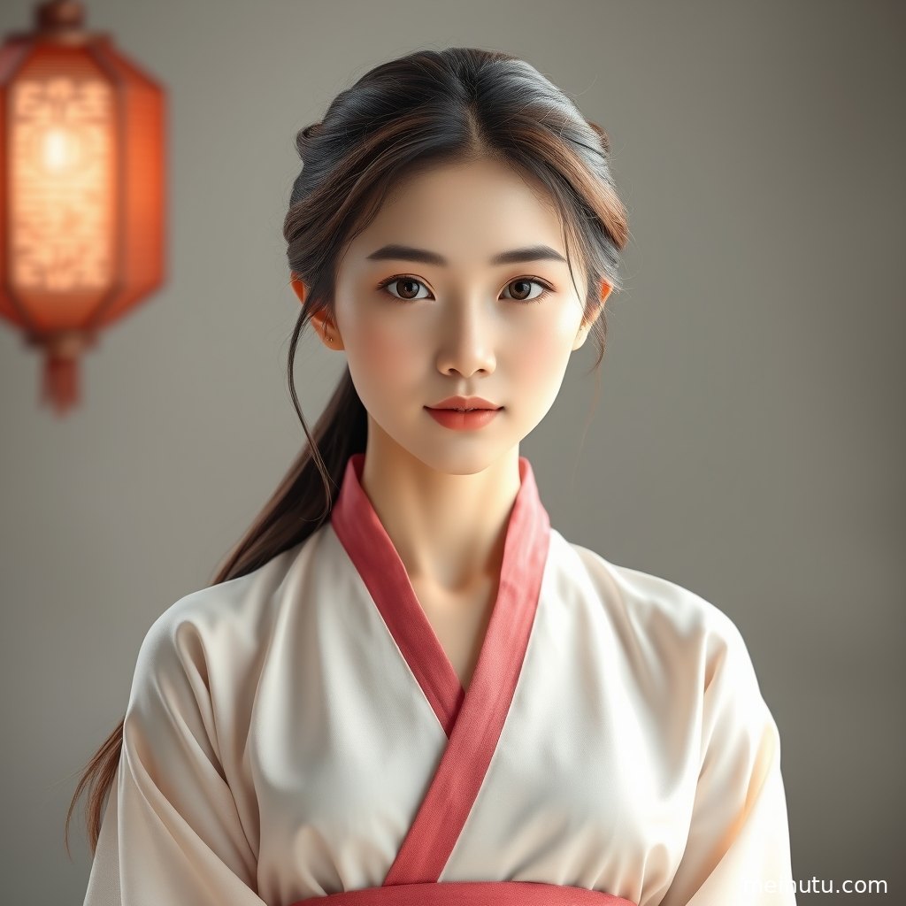 明制汉服女在庭院回廊旁回眸，立领长衫与马面裙细节清晰。