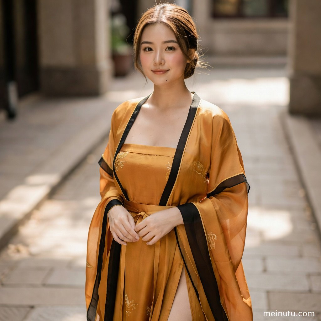 年轻成年女性身穿明制汉服立于海边，精致头饰在暖色侧光下呈现国风写真质感