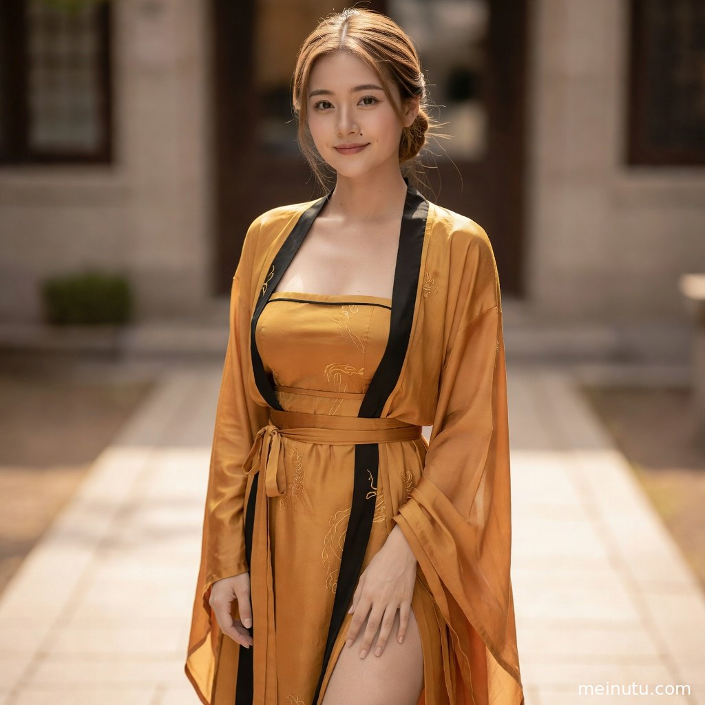 海风吹拂明制汉服衣摆，成年女子佩戴华丽发冠与步摇完成全身构图