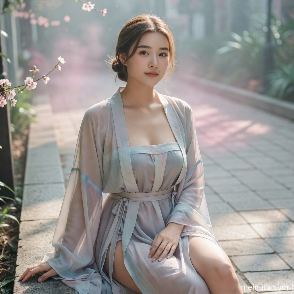 暖色夕光映照海岸与汉服纹样，汉服美女造型展现古风写真氛围