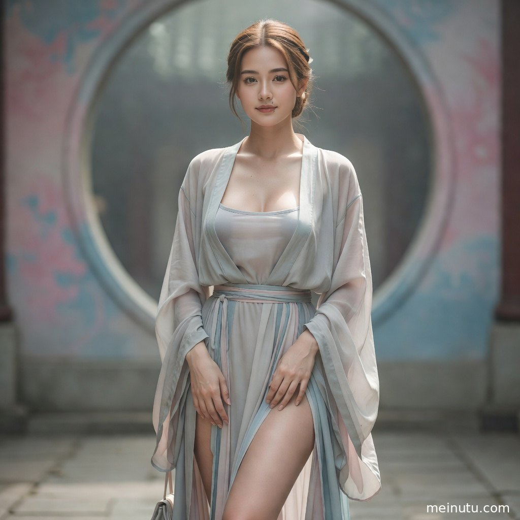 明制汉服头饰近景与海边背景相映，高清画面突出古装美女的温柔气质