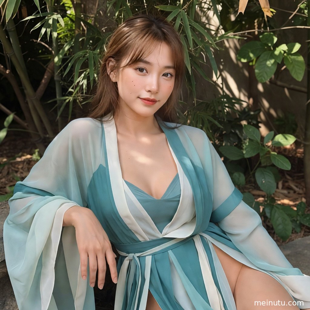 花园绿意与柔和阳光映衬明制汉服，年轻成年女性侧身回眸呈现古风写真氛围。