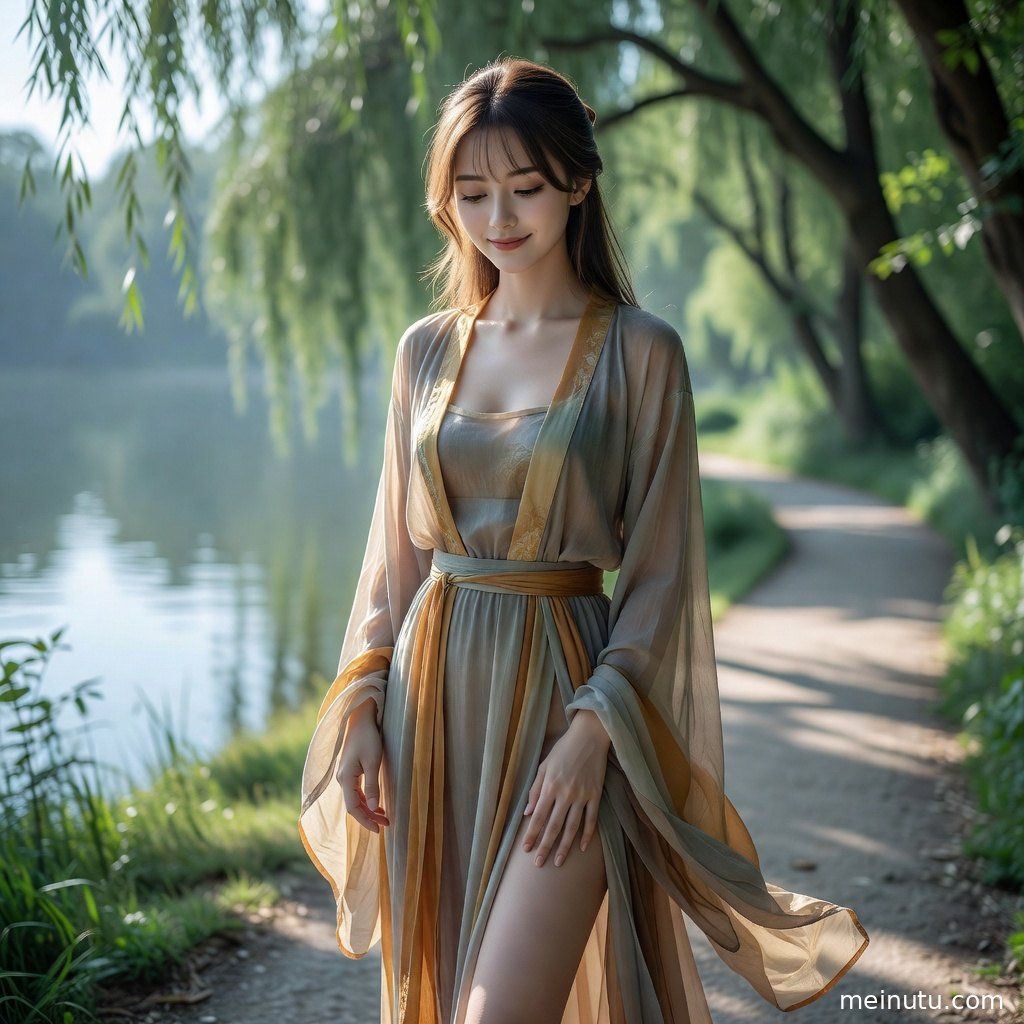 夏天花影洒落在传统汉服衣褶上，年轻成年女性以温柔姿态展现国风写真质感。