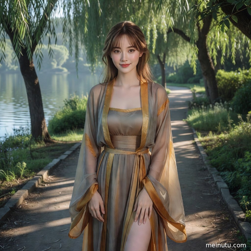 明制汉服与花园背景交织出电影感画面，年轻成年女性回眸构成高清汉服美女图片。