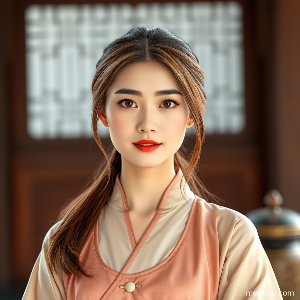 年轻成年女性穿平价明制汉服站在室内暖色侧光中，展现全身构图与汉服写真质感。
