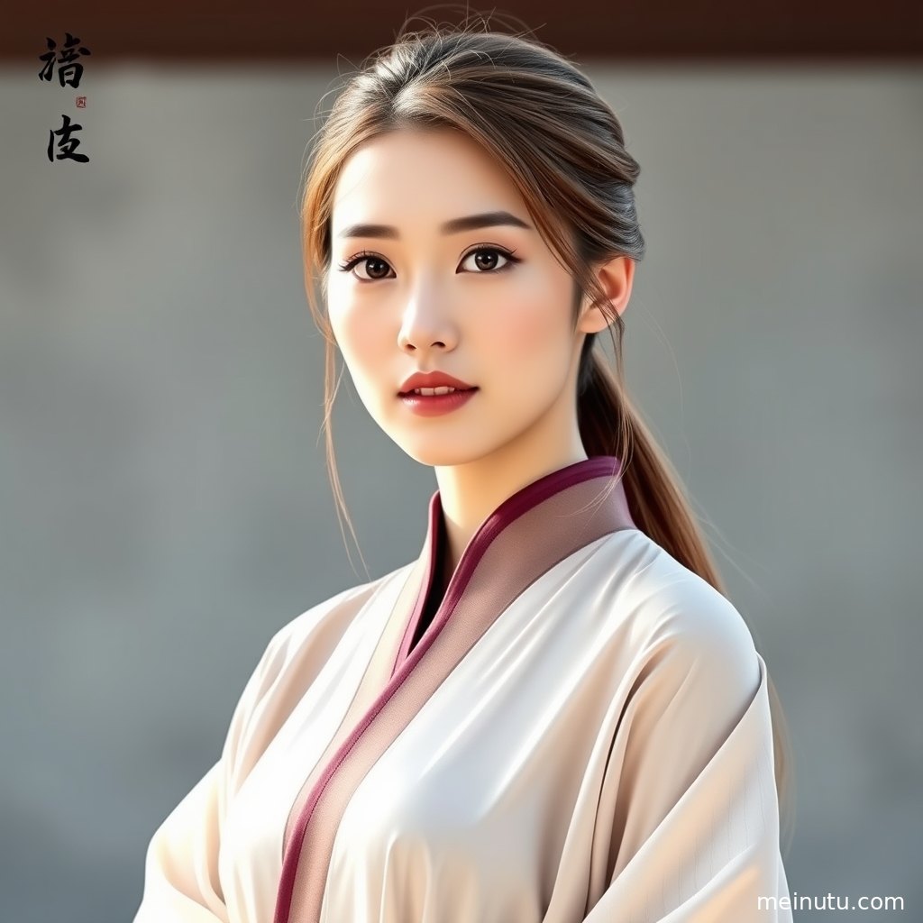 年轻成年女性身着明制汉服于暖色背景前自然站姿，衣裙层次清晰适合作为国风写真参考。