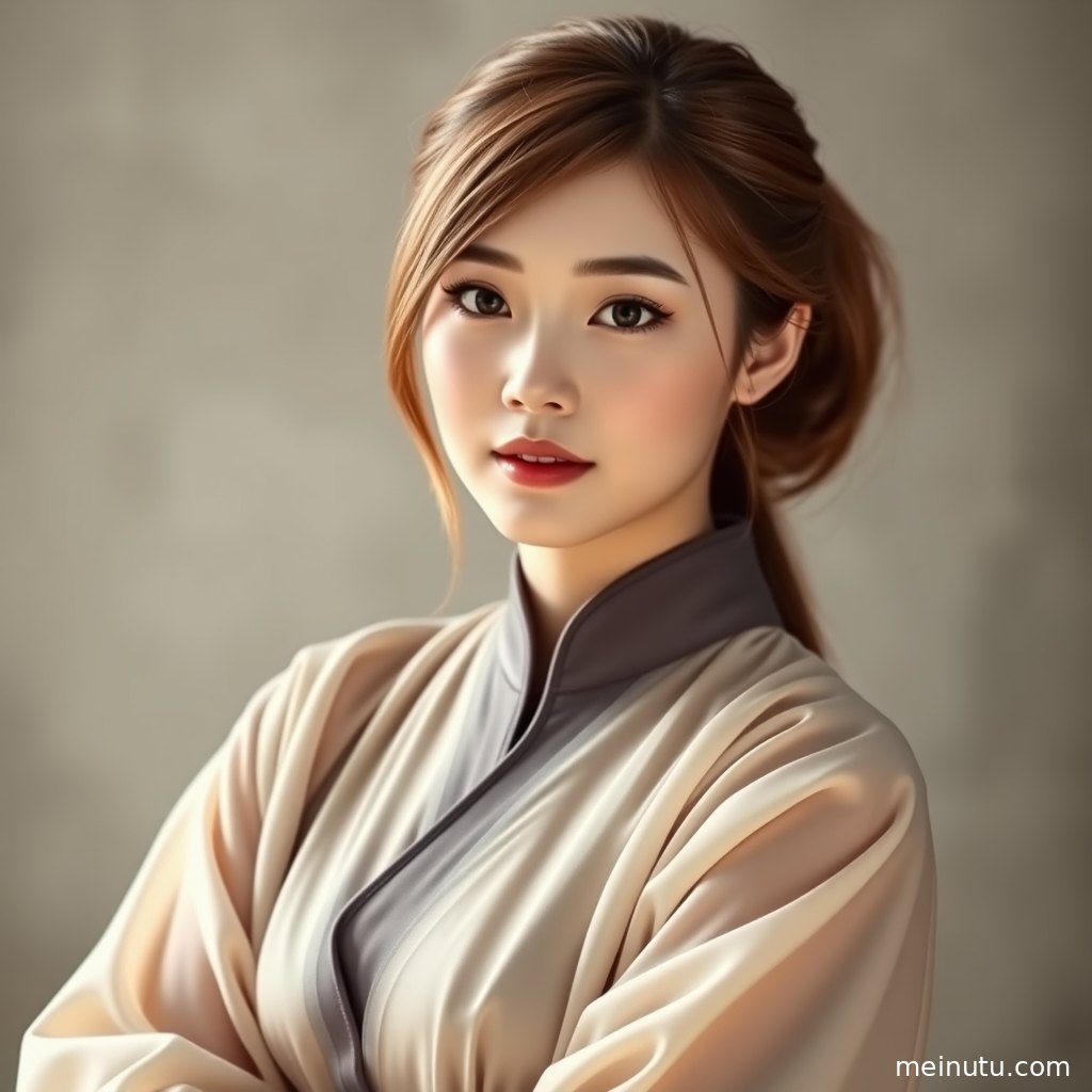 室内柔光下的平价明制汉服全身画面，成年女子以温柔神态呈现汉服美女图集风格。