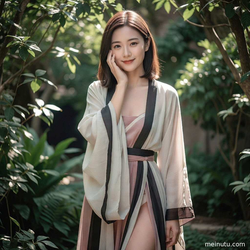 汉服美女在花影间回眸，低角度构图呈现情趣汉服写真质感。
