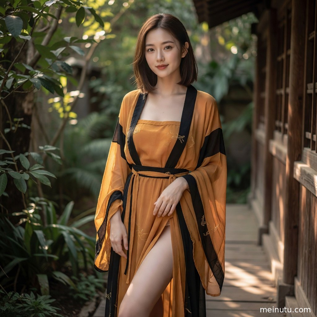 年轻成年女性倚靠园林石景，暖色逆光突出国风写真层次。