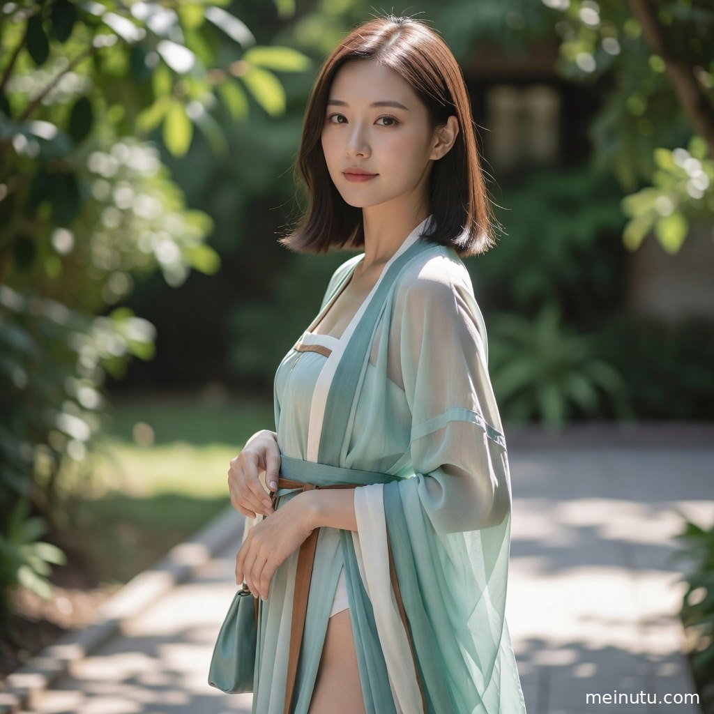 成年女子穿汉服置身花园绿意中，高清画面适合作为古装美女壁纸。