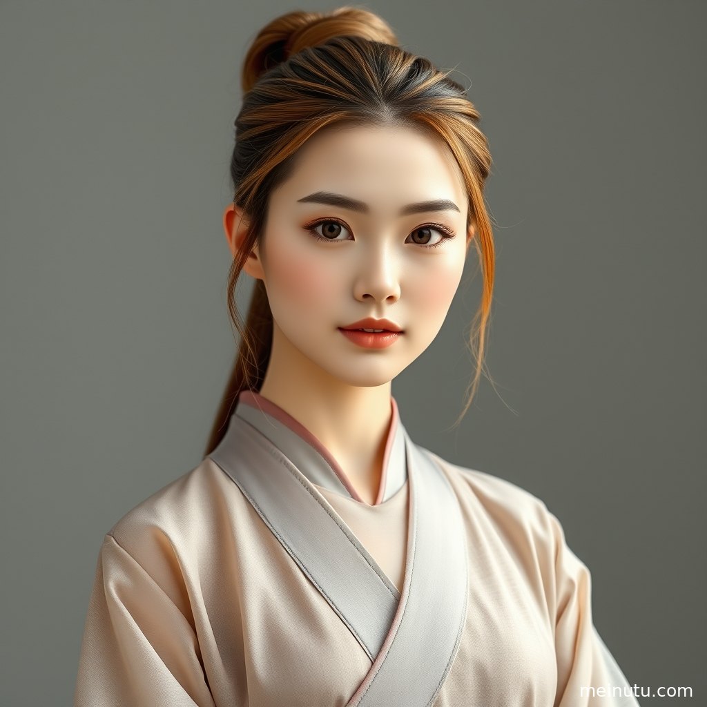 日常汉服造型以全身构图呈现，发饰与衣褶在清晨光线下清晰可见。