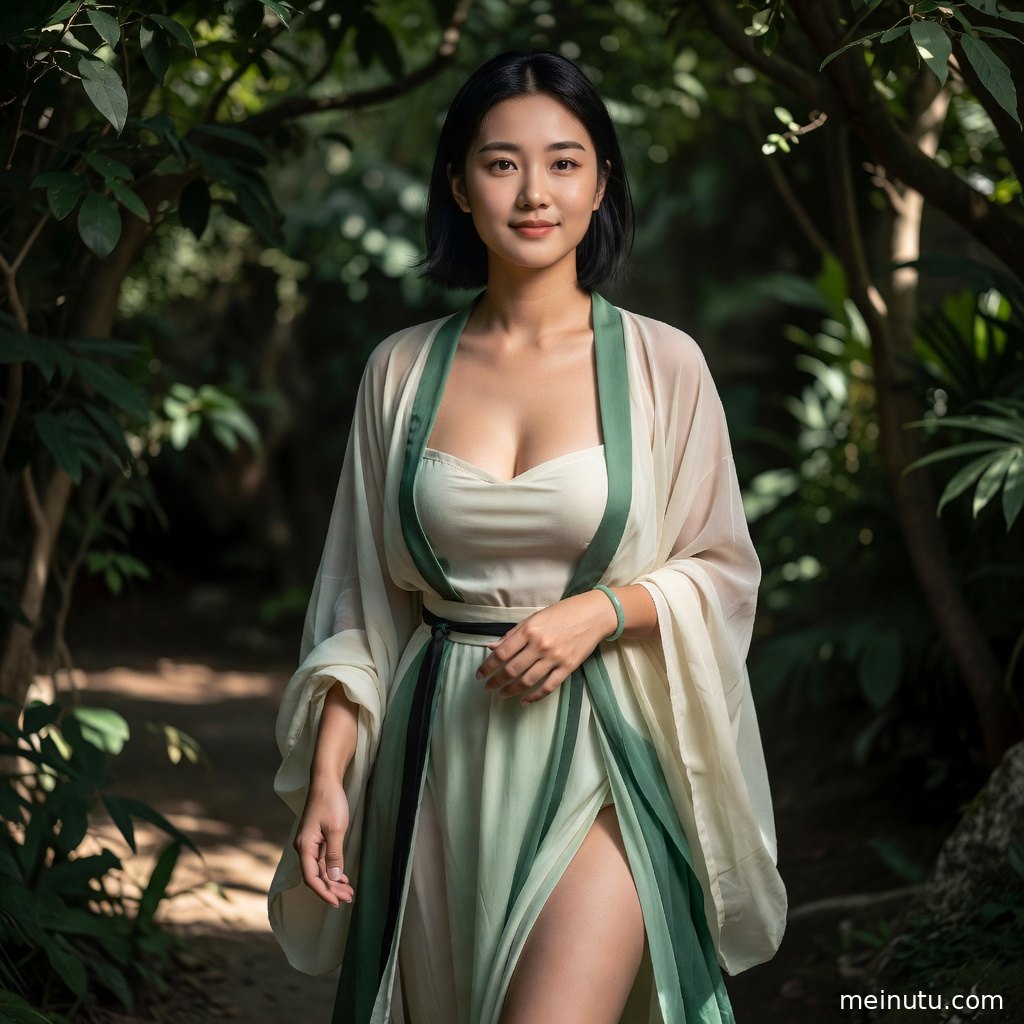 年轻成年女性身着宋制汉服白菜配色服饰站在花园绿植前，电影感侧光勾勒温柔轮廓。