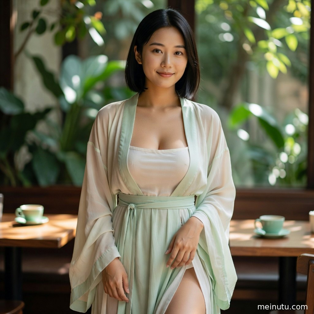 年轻成年女性在花园花木间回眸，宋制汉服层次与柔和光影展现古风写真质感。