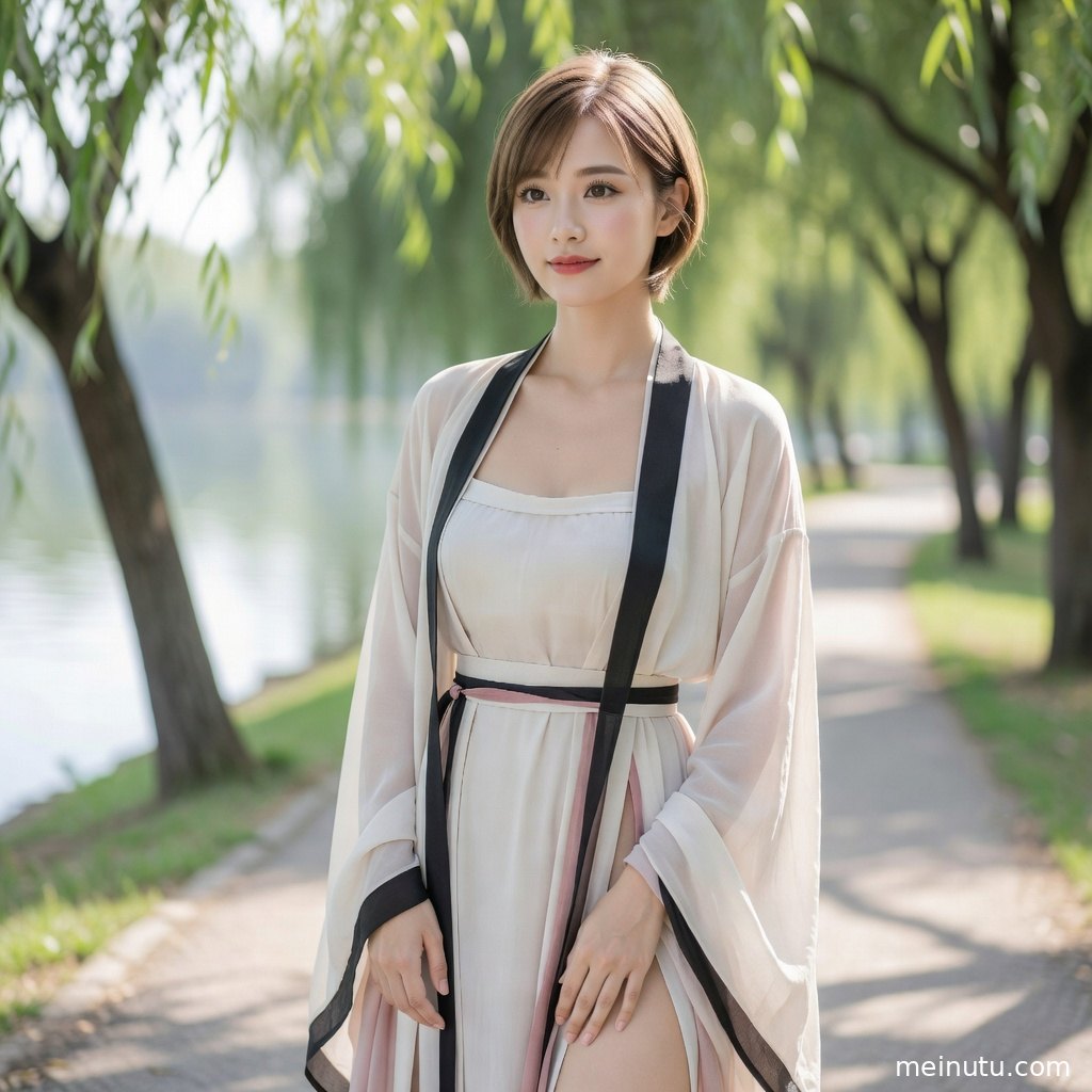 Adult woman in Song Dynasty chinese hanfu standing near morning light, with translucent highlights outlining the robe and skirt.