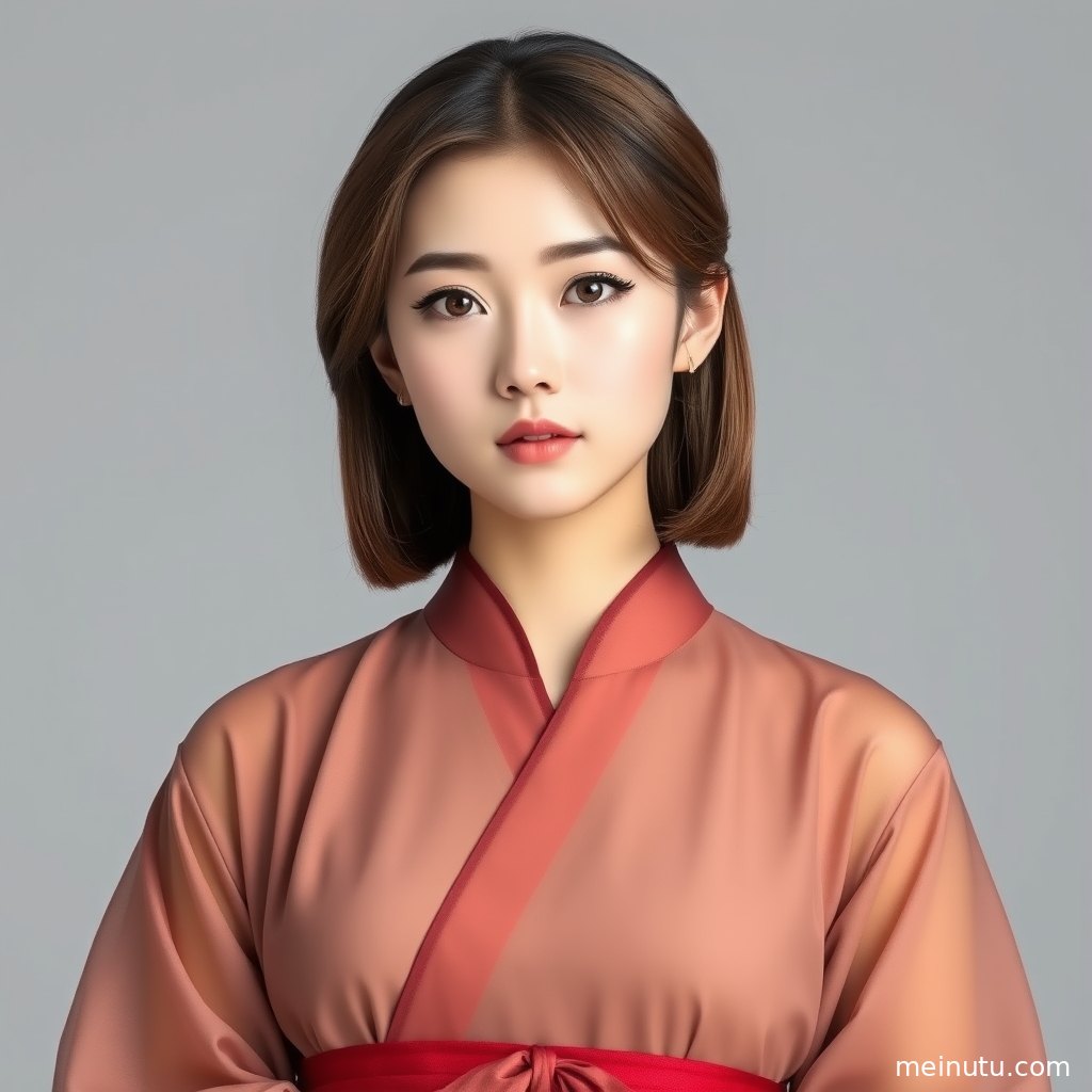 Asian woman in chinese traditional dress posed in a minimal interior, with layered hanfu fabric and a calm classical mood.