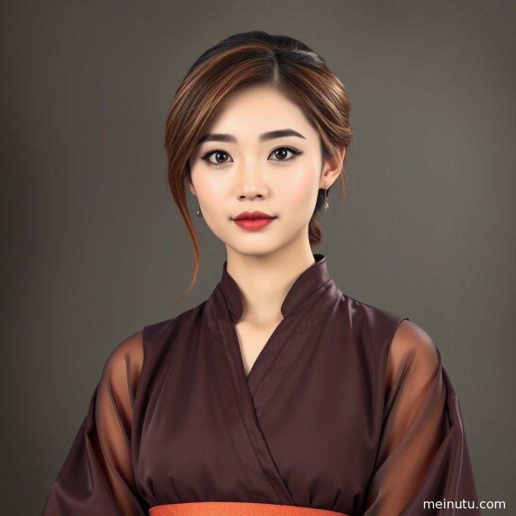 Close portrait wallpaper style image of an adult woman wearing Song Dynasty chinese hanfu under clear morning glow.