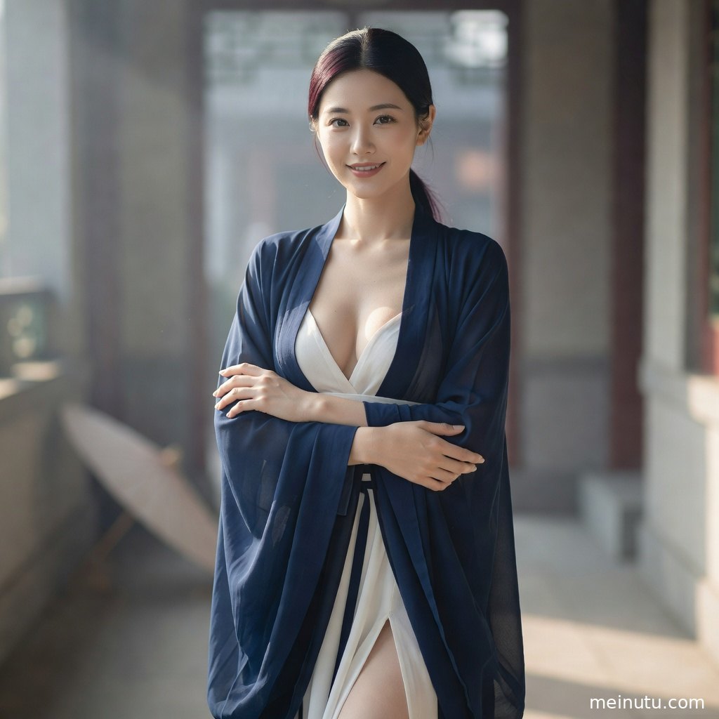 宋制汉服写真画面呈现温润晨光，褙子纹理与发饰细节清晰。