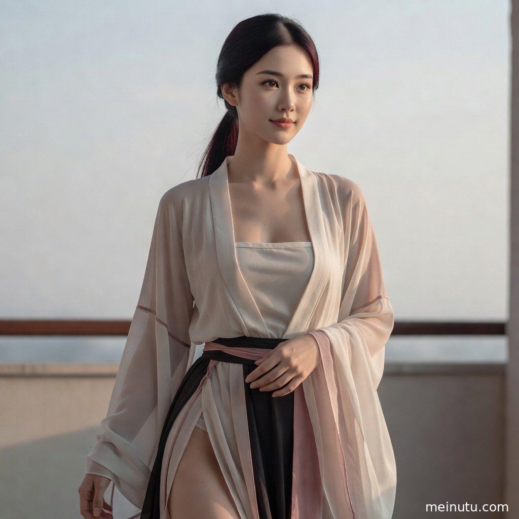 国风庭院氛围中的汉服美女图片，柔和逆光勾勒人物轮廓。