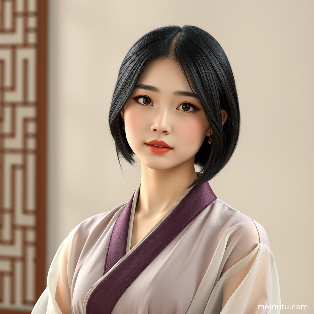 年轻成年女性身着宋制汉服在晨光中侧身回眸，发髻与簪饰呈现古风写真质感。