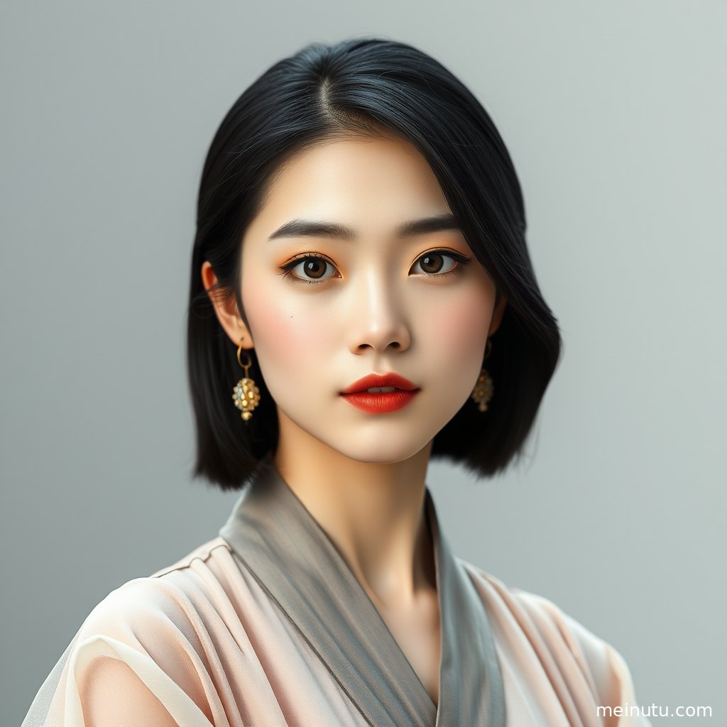 宋制汉服发型近景展示，柔和电影感光影衬托淡雅妆容与汉服美女气质。
