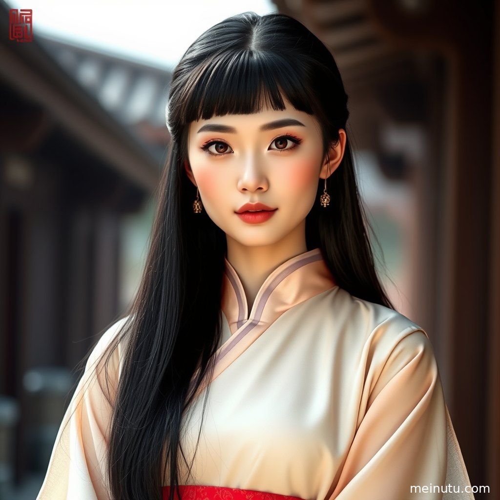 宋制汉服短发造型半身构图，窗边柔光照亮衣料纹理与精致妆容。