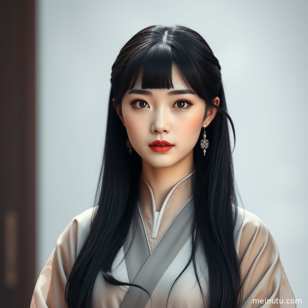 年轻成年女性穿宋制汉服置身室内窗边，短发发型利落清新，画面适合作为国风壁纸。