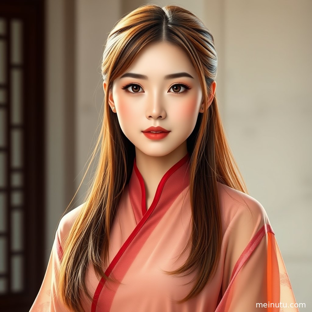 宋制汉服美女在木质庭院背景前静立，发髻清雅，画质通透细腻。