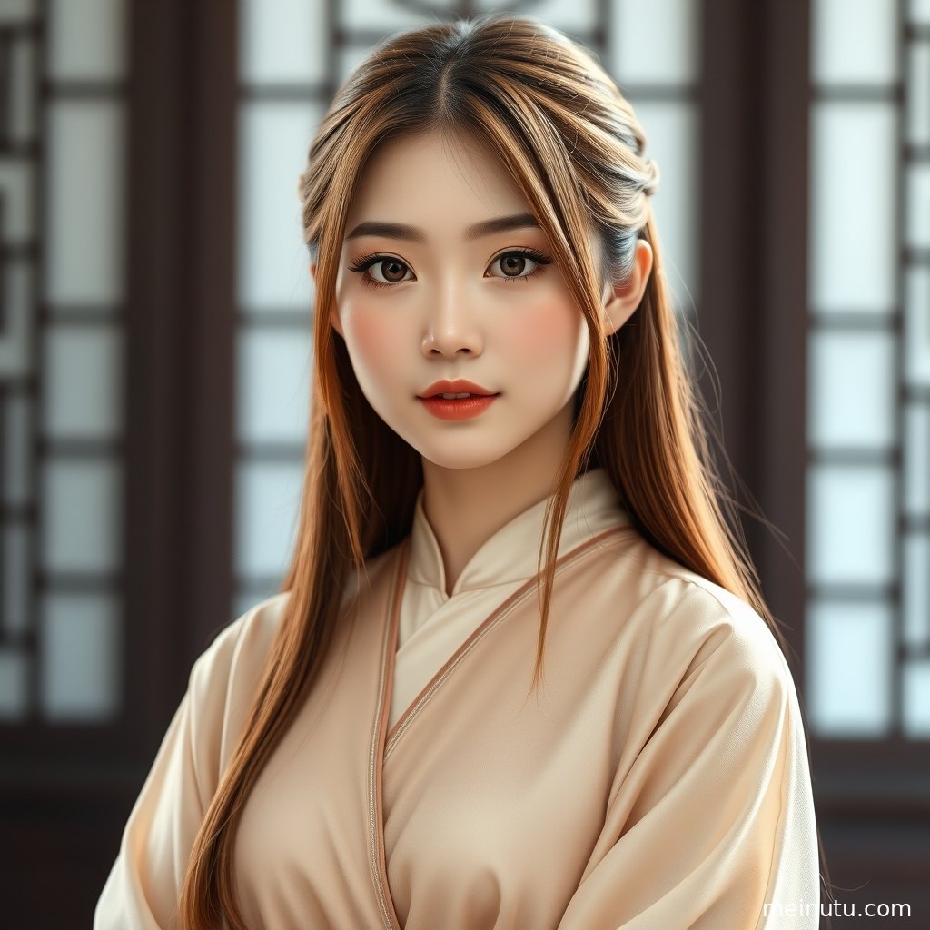 庭院花木旁的汉服写真半身画面，突出无发包发型、衣襟层次与温柔神态。
