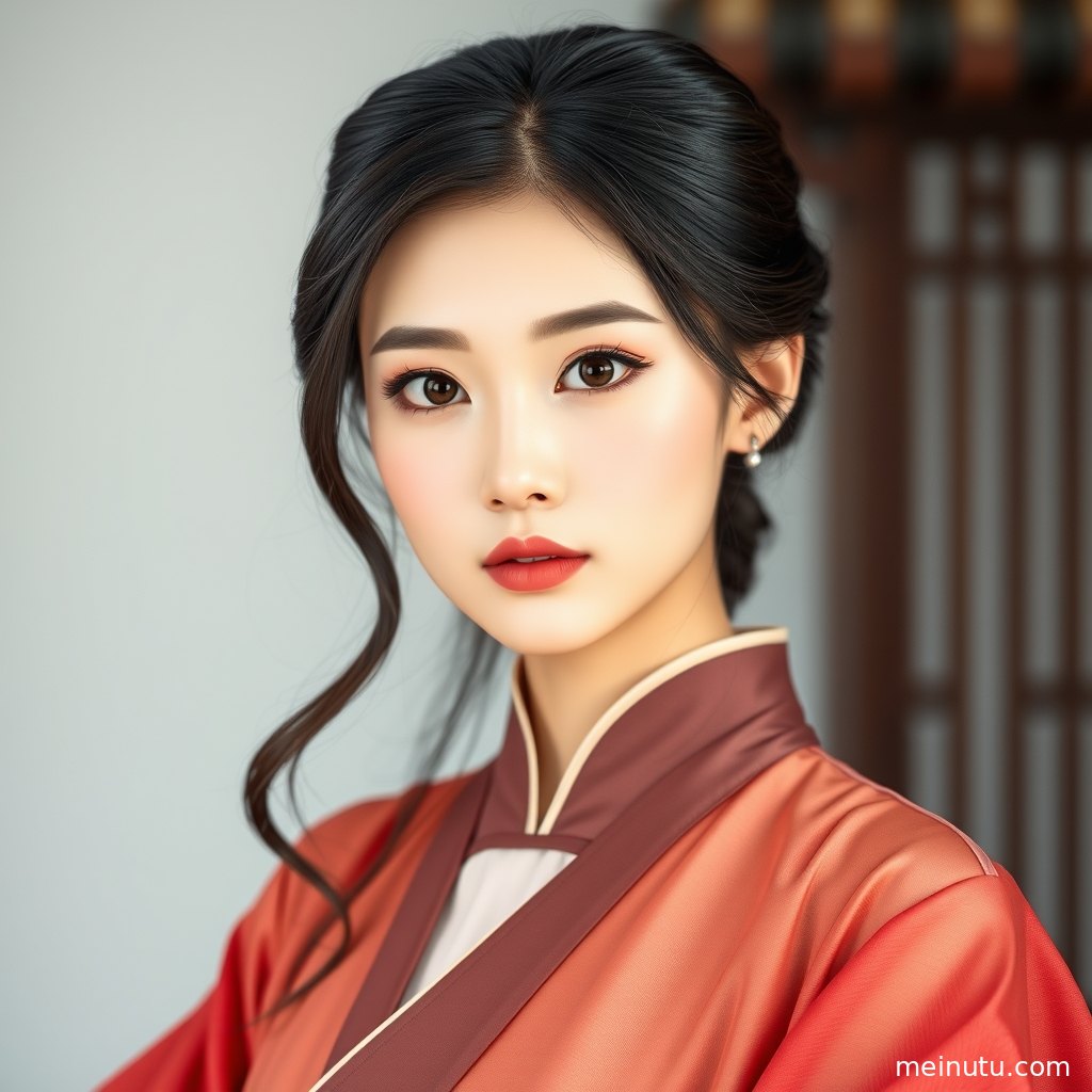 宋制汉服拍照近景展示交领衣襟与织物纹理，庭院背景清雅安静。