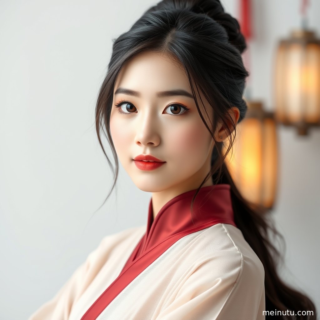 汉服美女手持团扇倚在庭院门前，柔光突出发饰与淡雅妆容细节。