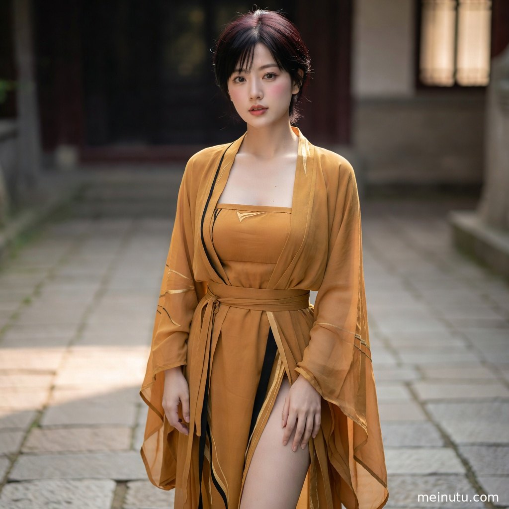 宋制褙子与素色裙装搭配中式庭院背景，成年女子侧身回眸展现国风写真质感。