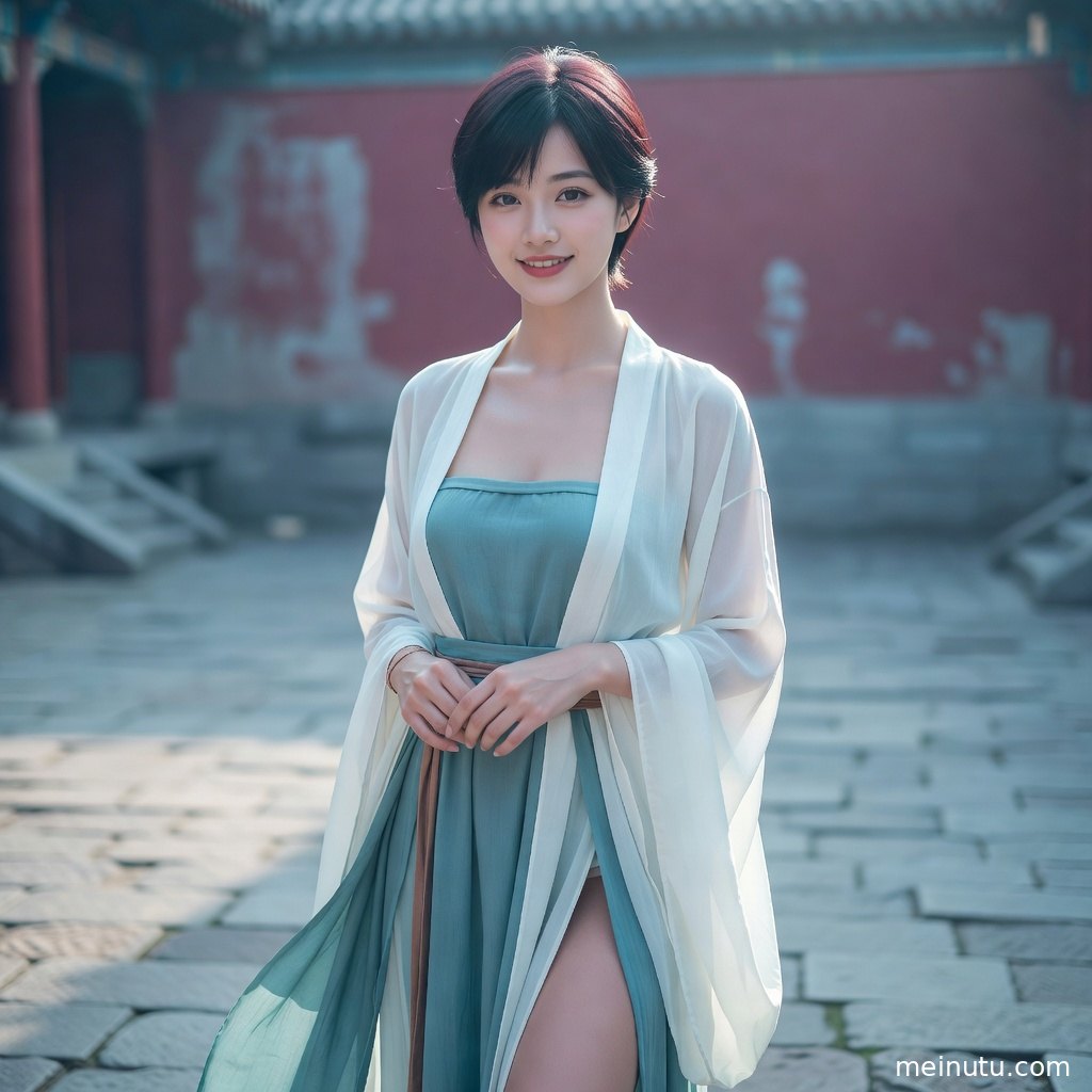 庭院绿植与灰瓦墙面形成柔和层次，汉服美女在漫射光中呈现温柔古风写真画面。