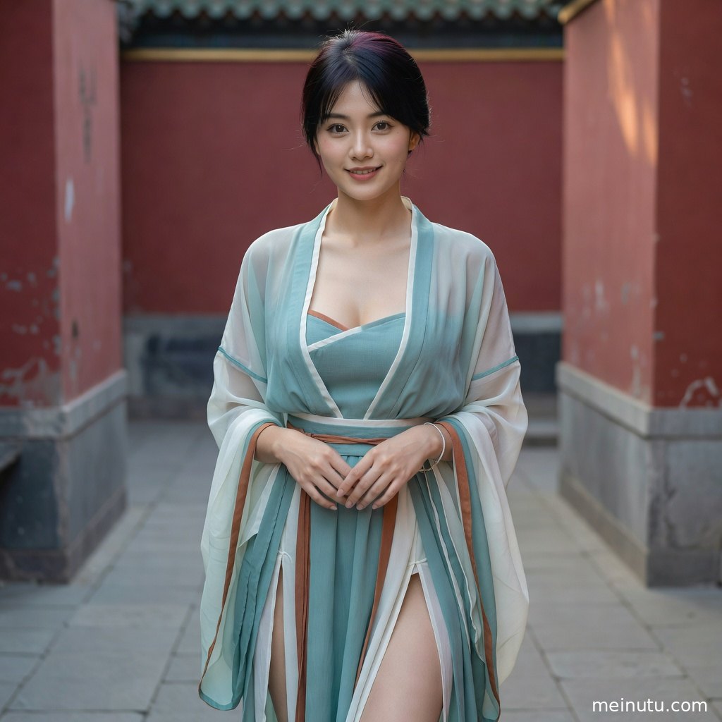 年轻成年女性以宋制汉服日常造型静立院中，高清画质记录自然含蓄的东方韵味。