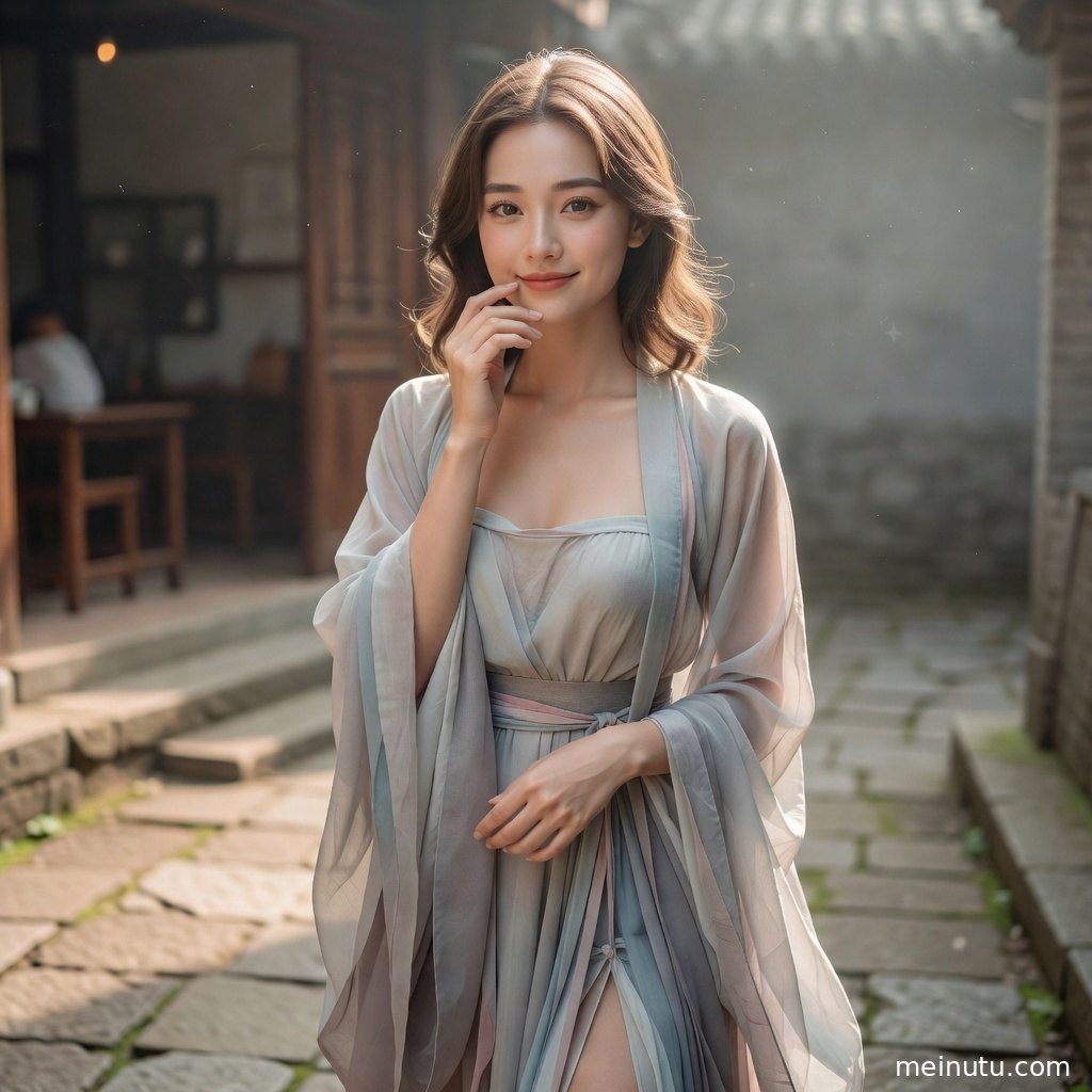 宋制汉服女性模特立于古典庭院中，暖色侧光勾勒衣纹与发簪细节。