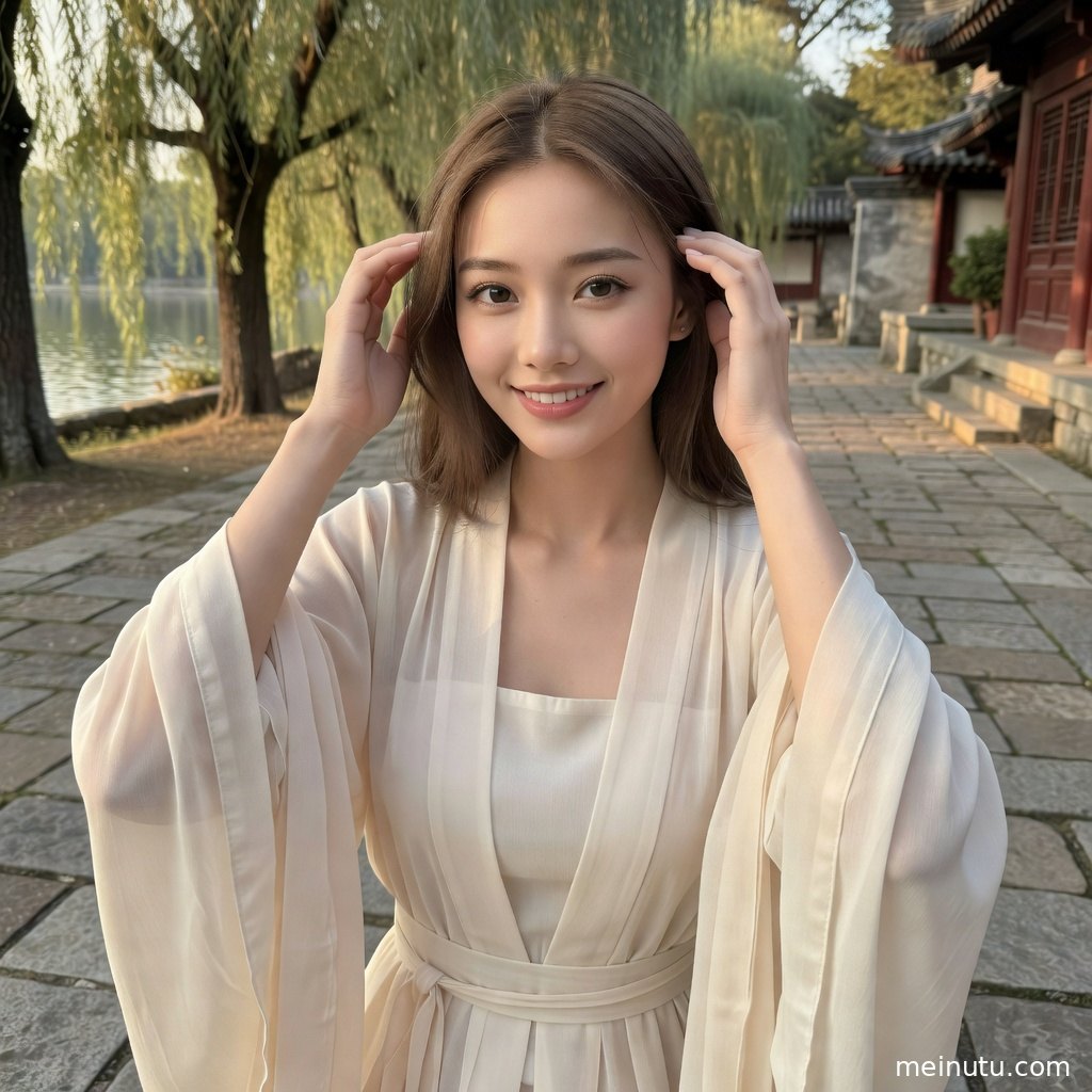 俯拍视角呈现宋制汉服写真，庭院木窗与柔和光影营造静雅国风氛围。