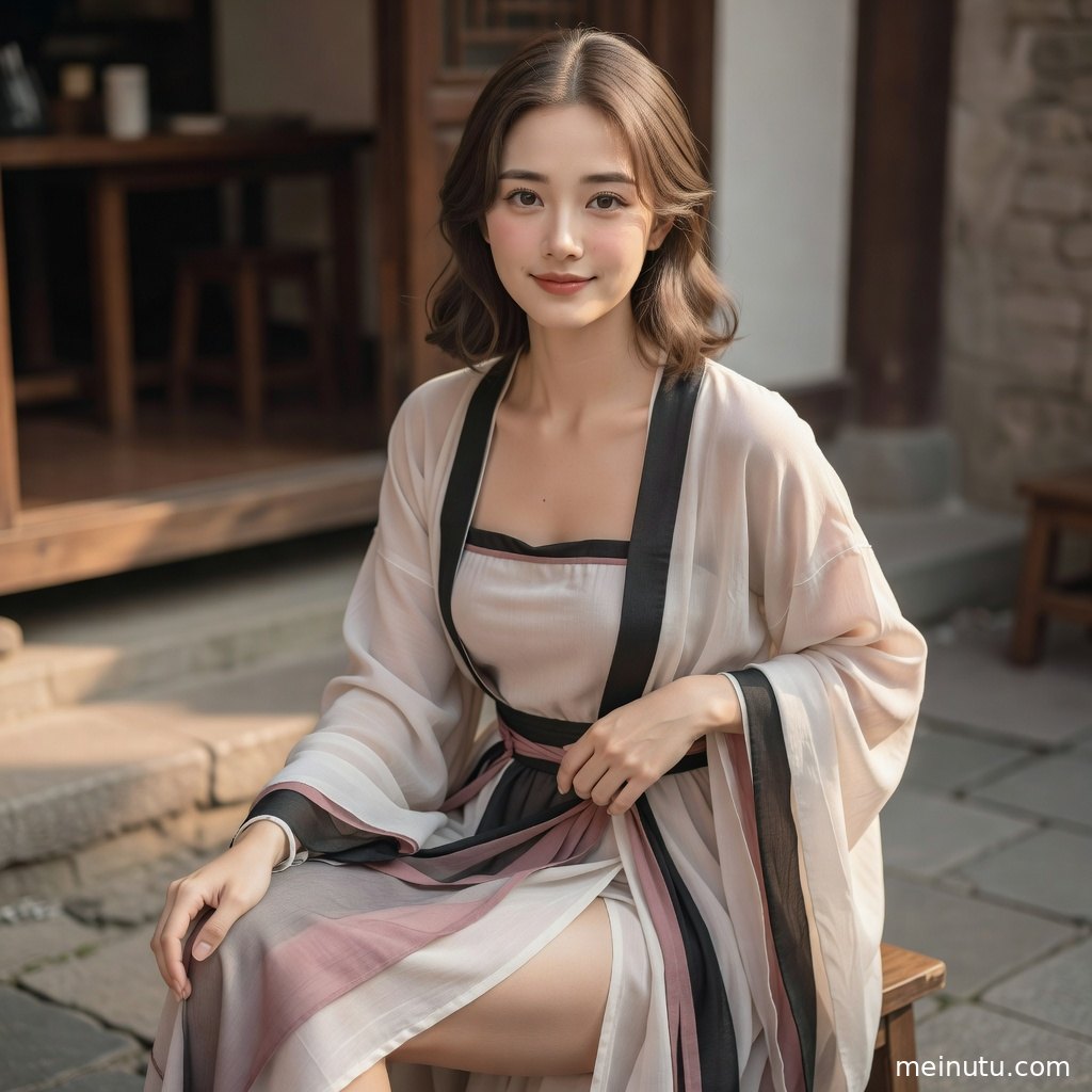 古典庭院中的汉服美女造型清雅，俯拍构图适合作为古风写真壁纸。