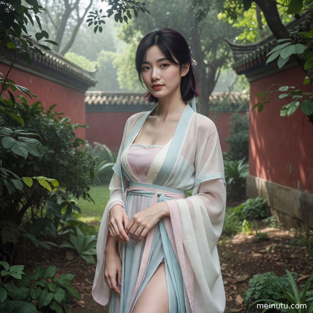 宋制褙子与长裙的近景细节展现织物纹理、发饰与花叶背景。