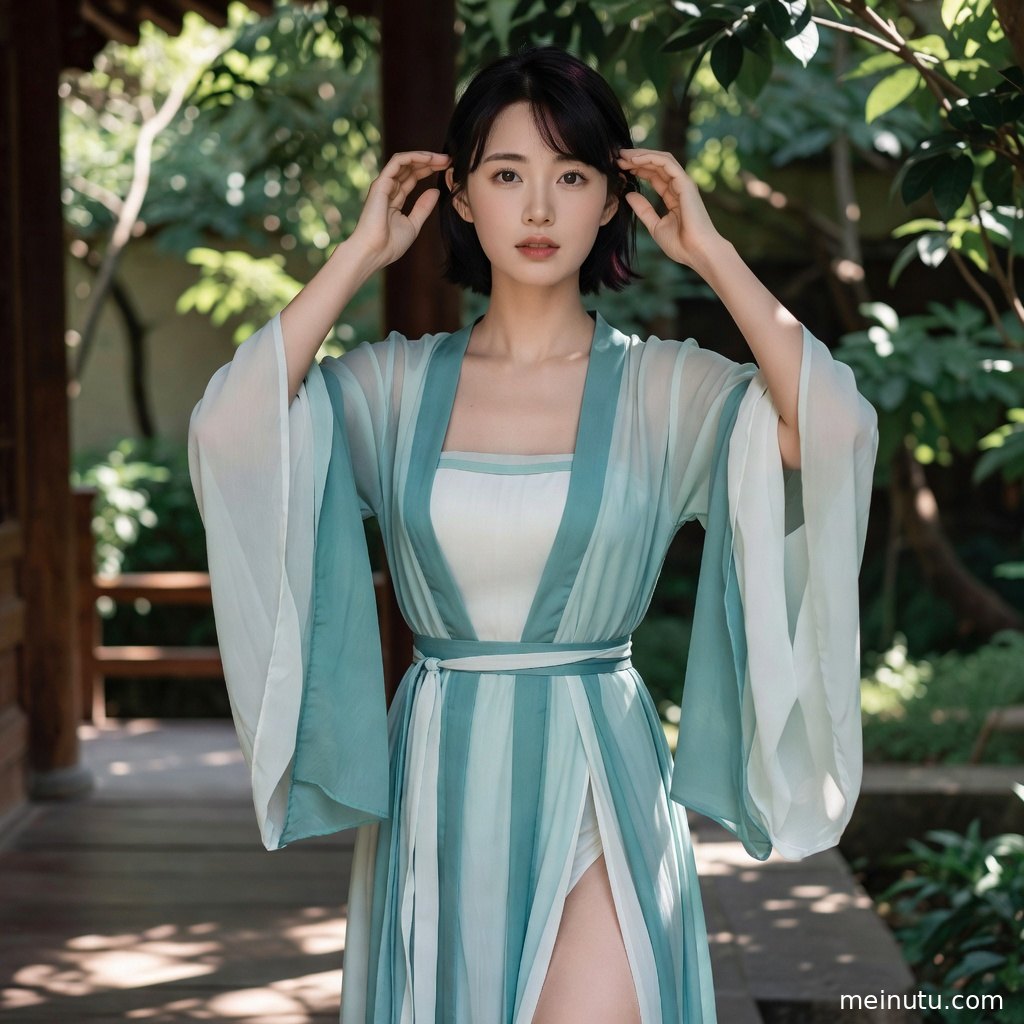 花园绿植间的汉服美女侧身凝望，柔和灰天光营造清雅古风写真氛围。