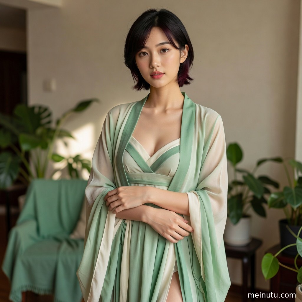 成年女性手持花枝搭配宋制汉服，近景构图突出衣褶、袖口与自然肤色。