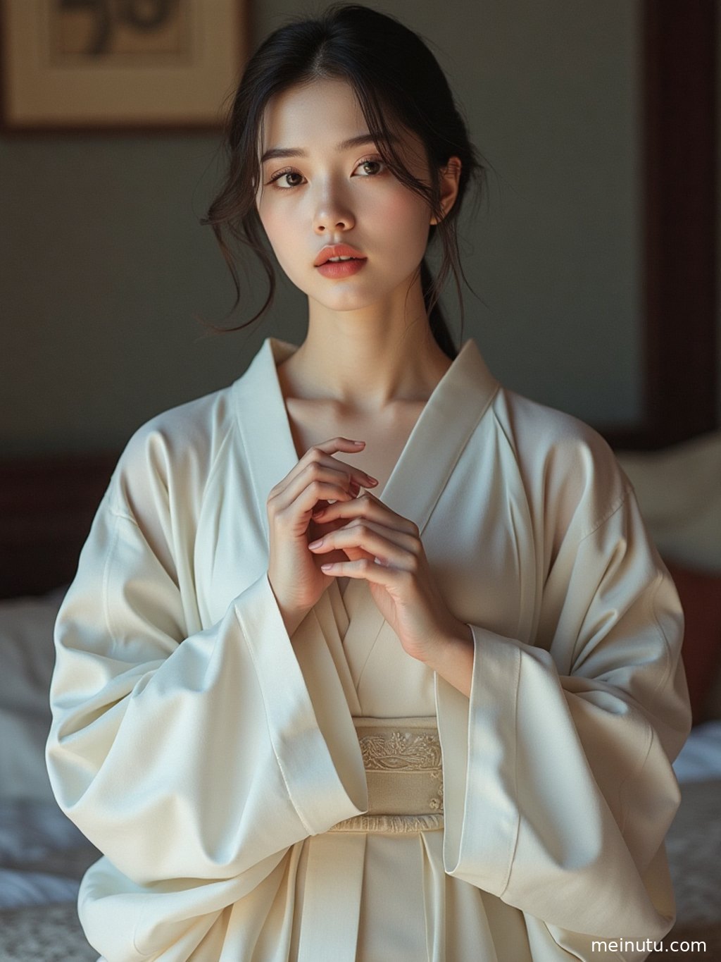 An adult woman in a Tang-style hanfu photoshoot scene, emphasizing soft light, high-resolution fabric details, and refined portrait wallpaper composition.