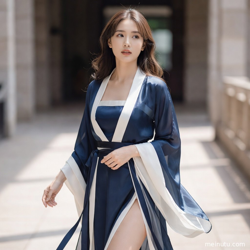 唐风汉服模特身着齐胸襦裙与披帛，在暖色宫灯旁展现国风写真氛围。