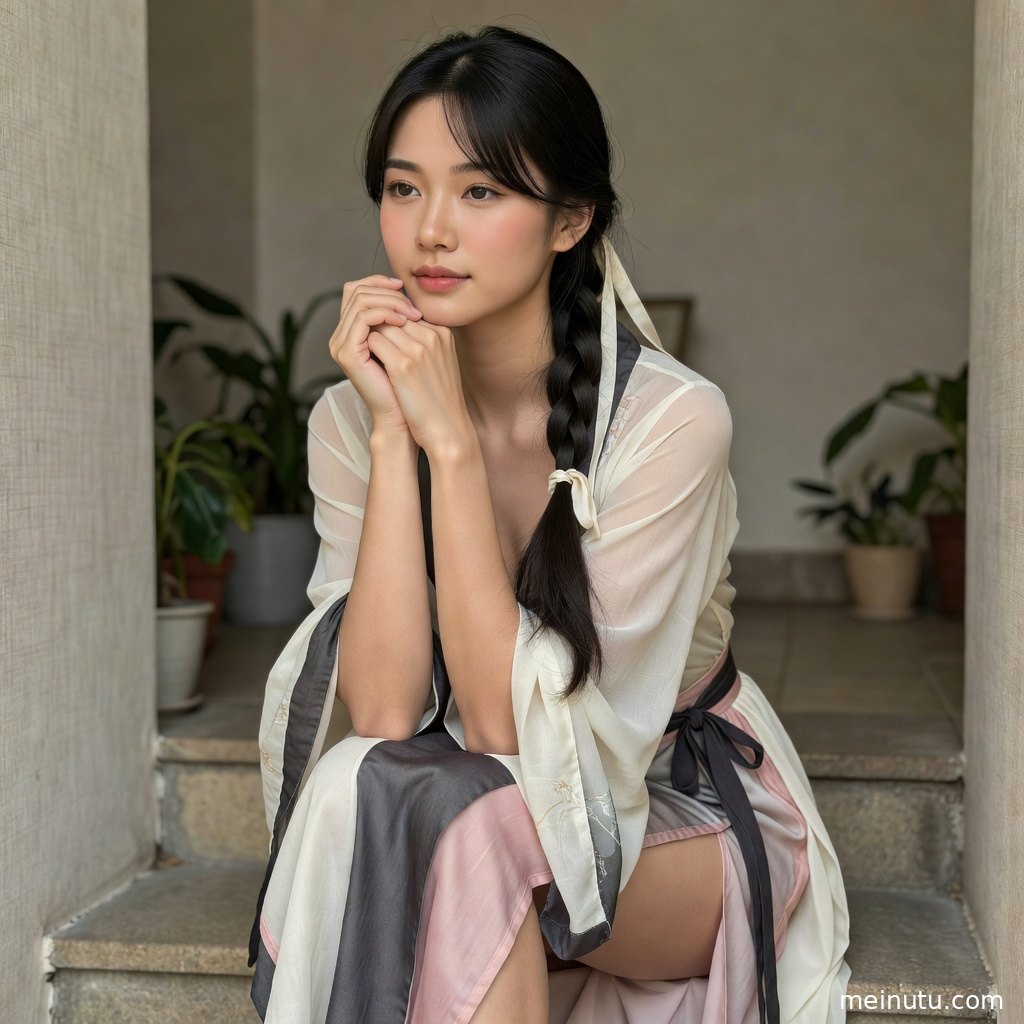 汉服美女佩戴金色发簪与精致耳饰，宽袖唐风服饰呈现古装美女的典雅氛围。