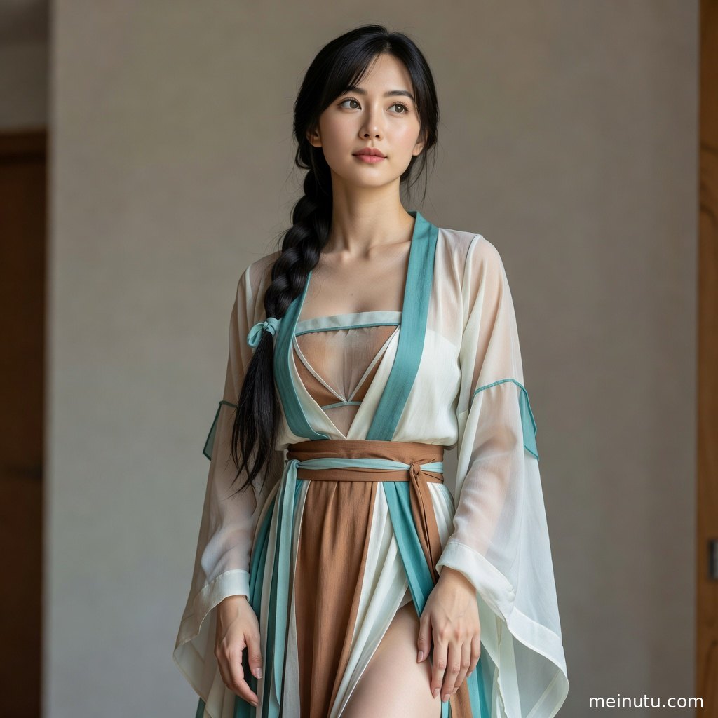 唐风汉服写真以柔和光线勾勒人物侧影，绣纹衣料与古风场景细节清晰。